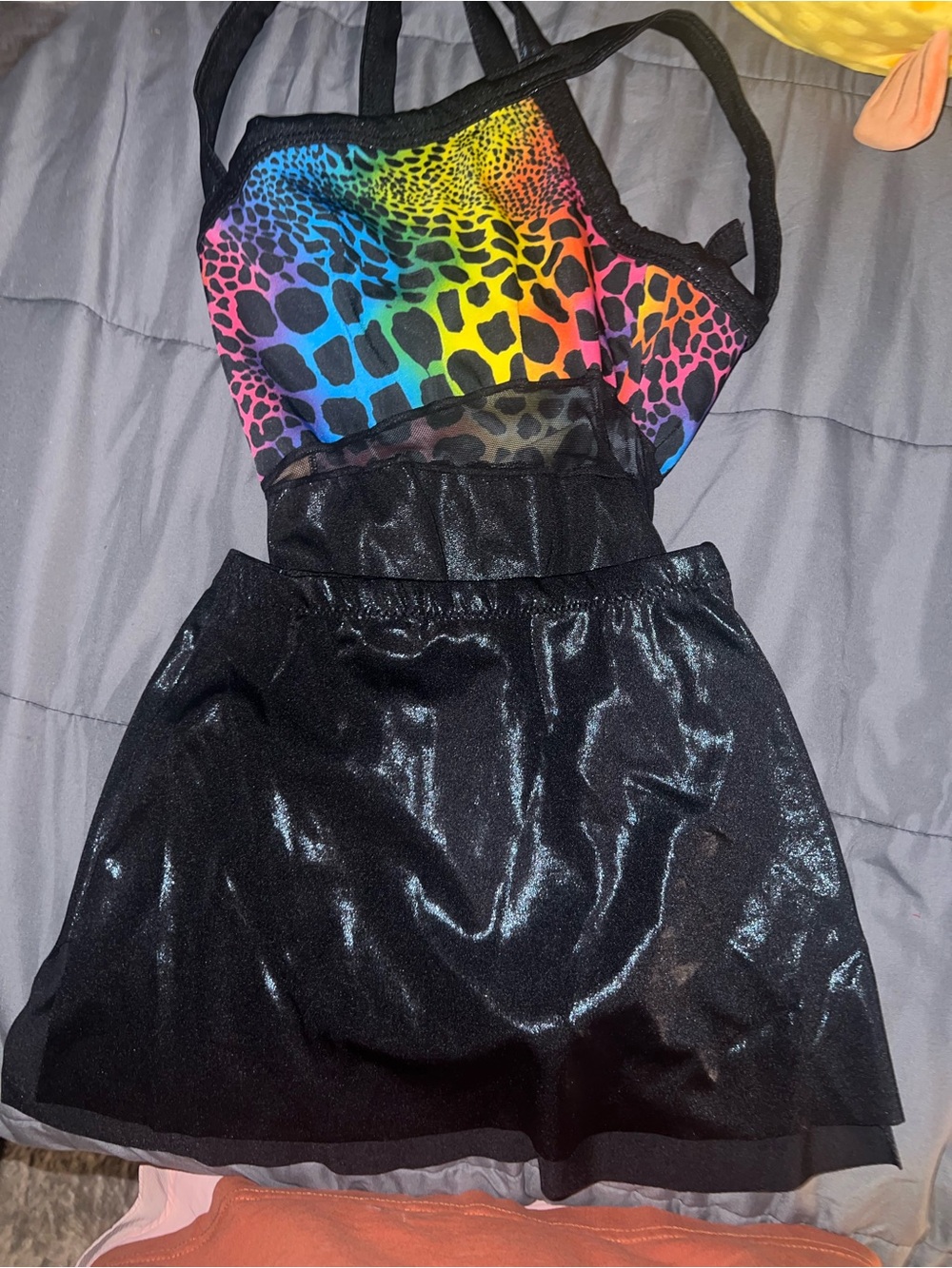 Girls' Rainbow Leopard Print Bodysuit with Black Shimmery Skirt
